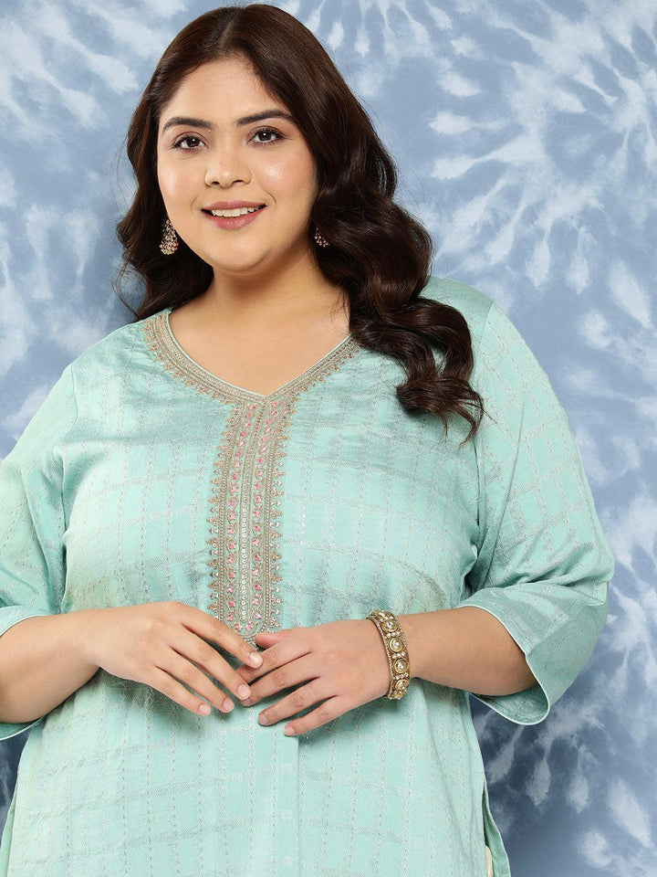 Sea Green Woven Design Rayon Straight Kurta - Libas