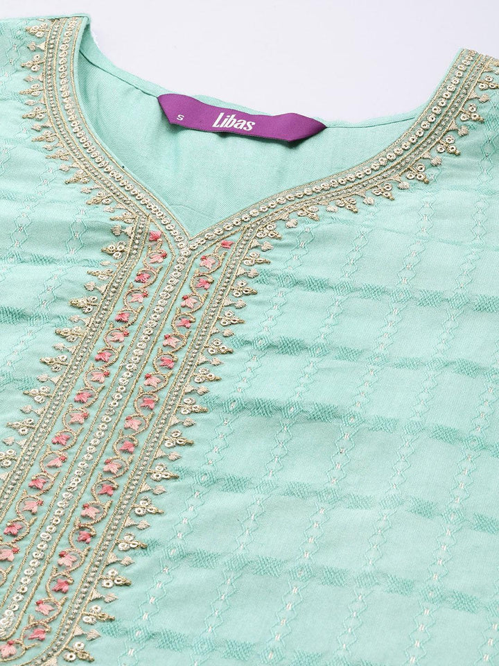 Sea Green Woven Design Rayon Straight Kurta - ShopLibas