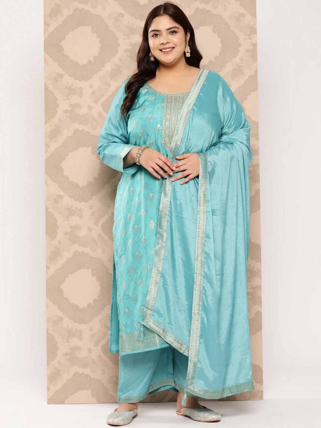 Sea Green Woven Design Silk Blend Straight Kurta With Trousers and Dupatta