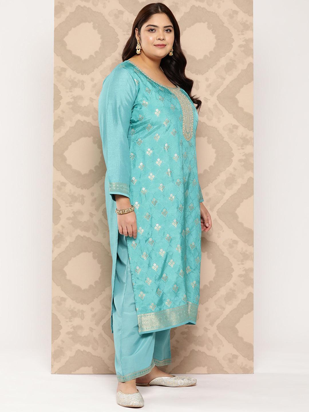 Sea Green Woven Design Silk Blend Straight Kurta With Trousers and Dupatta