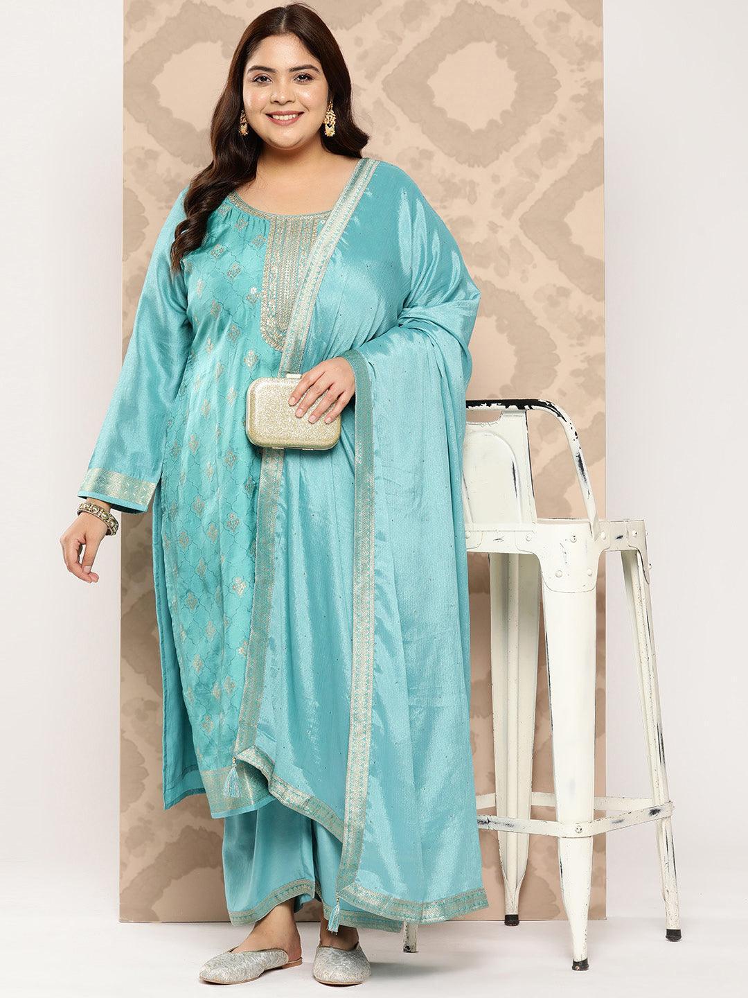 Sea Green Woven Design Silk Blend Straight Kurta With Trousers and Dupatta