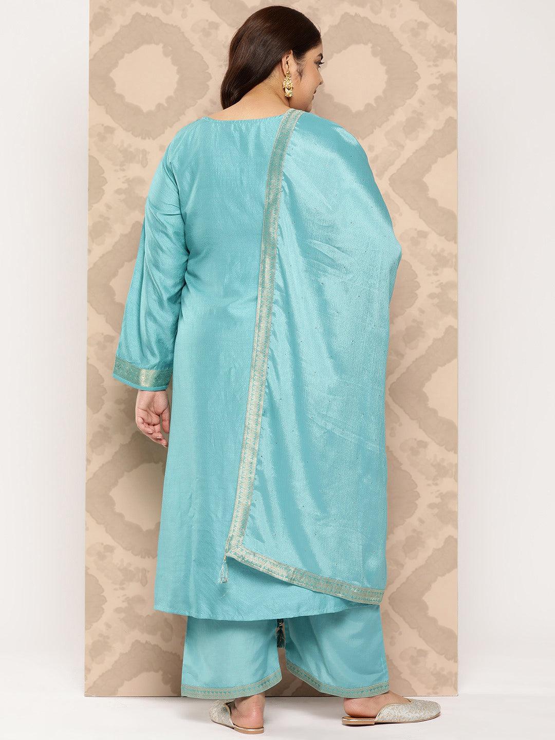 Sea Green Woven Design Silk Blend Straight Kurta With Trousers and Dupatta