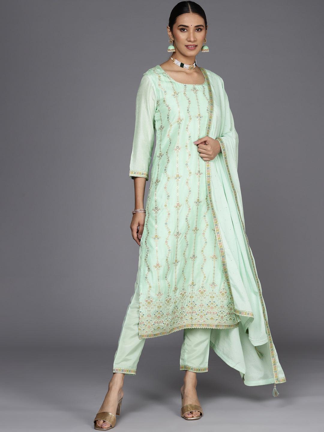 Sea Green Woven Design Silk Suit Set