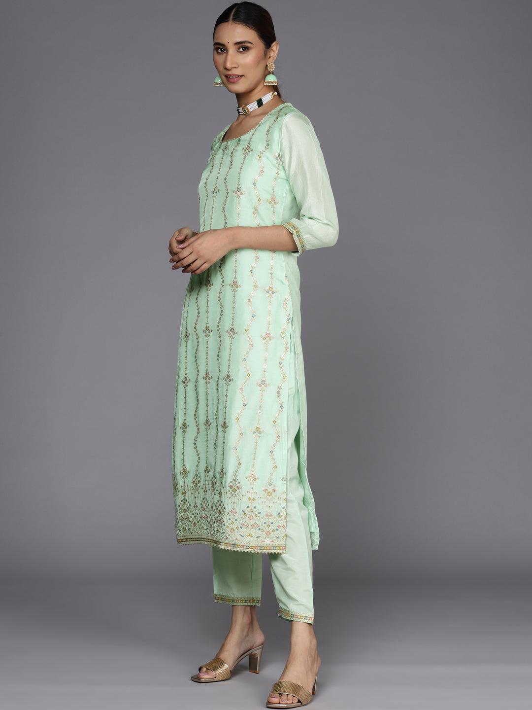 Sea Green Woven Design Silk Suit Set