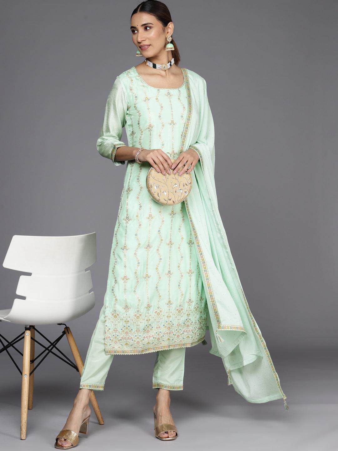 Sea Green Woven Design Silk Suit Set