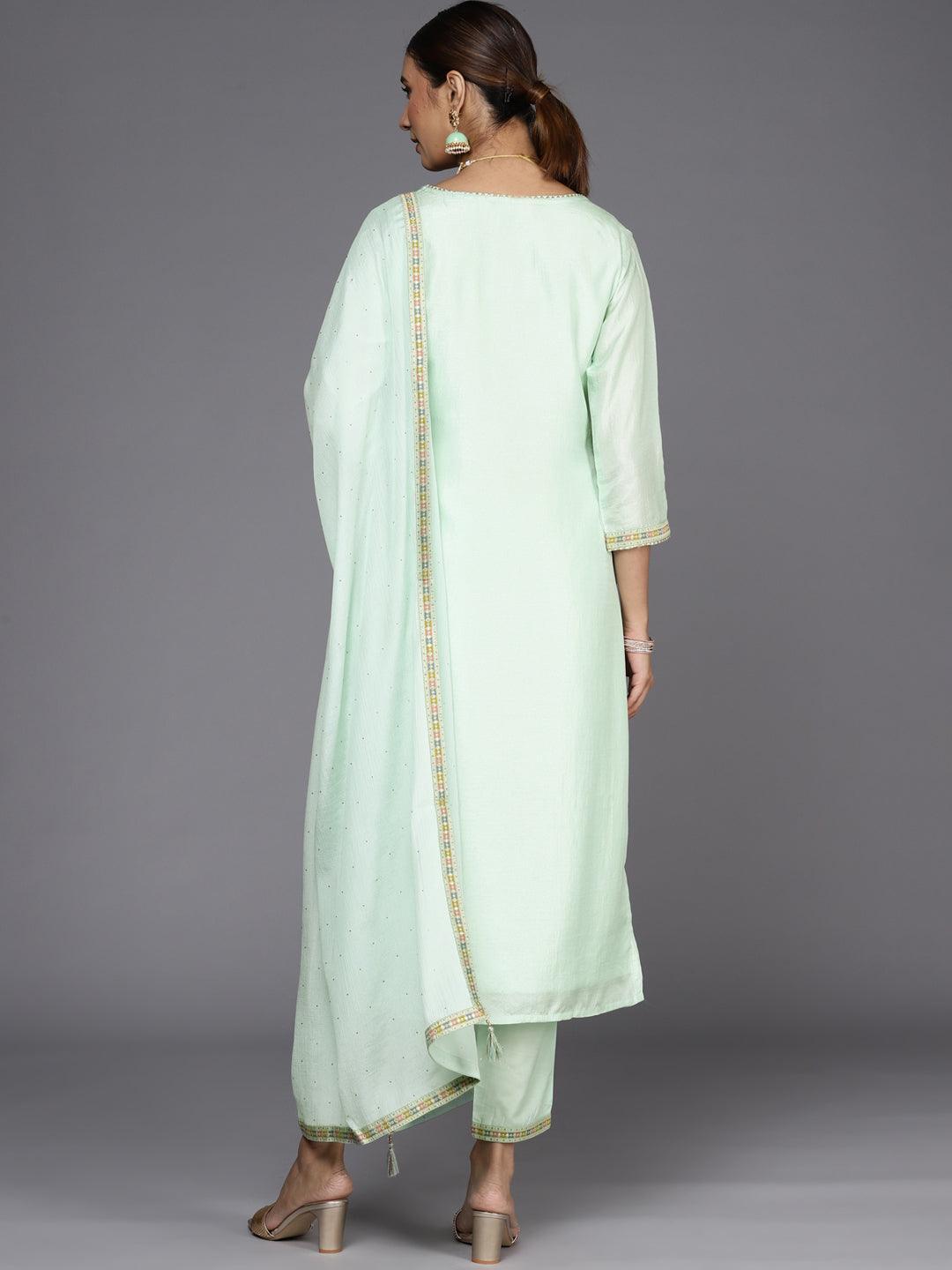 Sea Green Woven Design Silk Suit Set - ShopLibas