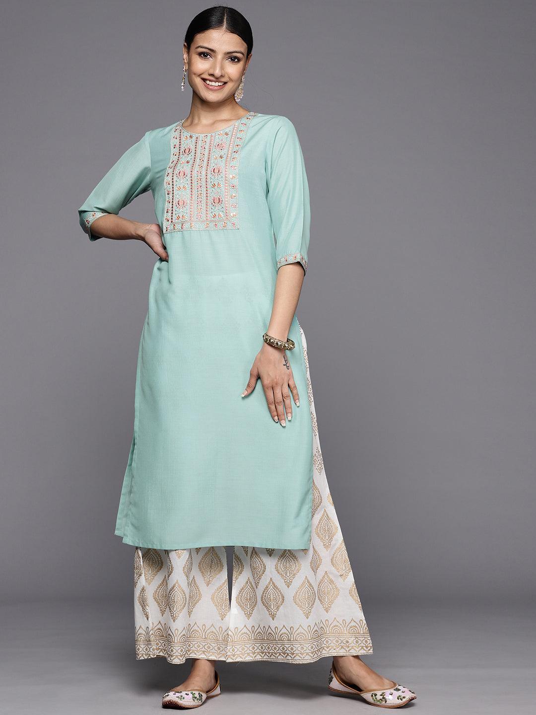 Sea Green Printed Silk Straight Kurta - ShopLibas