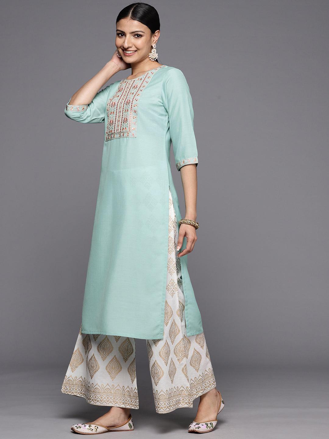 Sea Green Printed Silk Straight Kurta