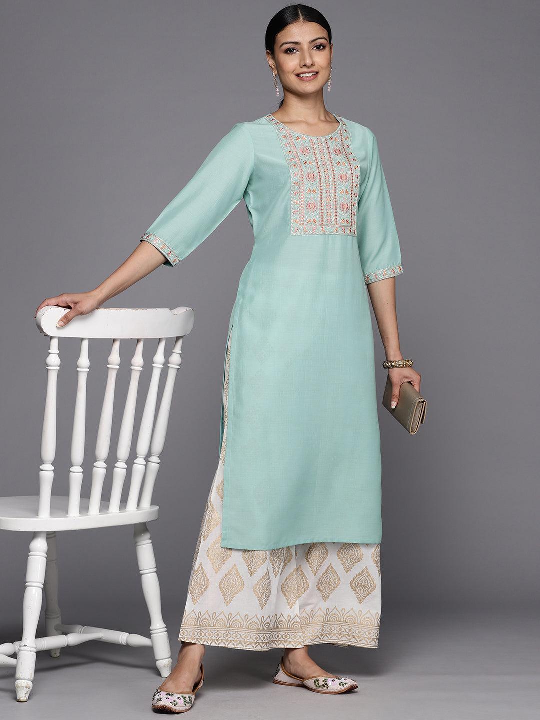 Sea Green Printed Silk Straight Kurta - ShopLibas