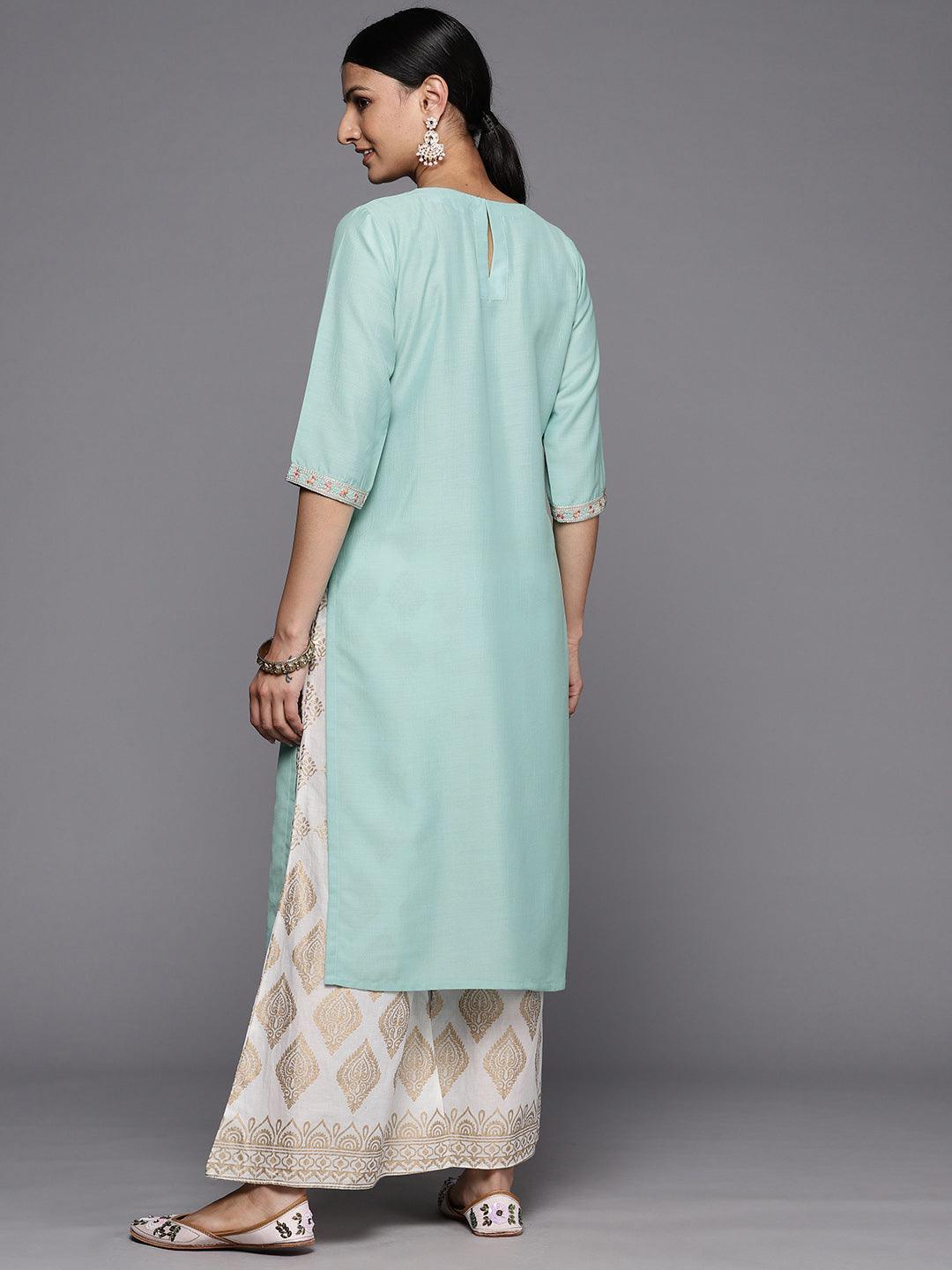 Sea Green Printed Silk Straight Kurta