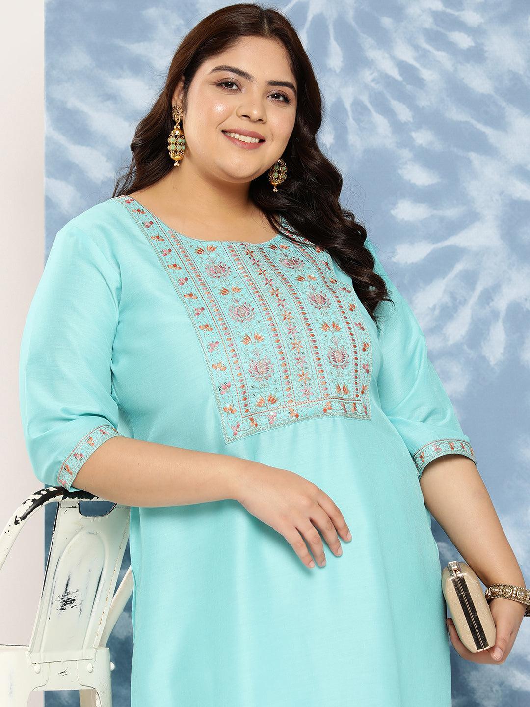 Sea Green Yoke Design Silk Straight Kurta - Libas