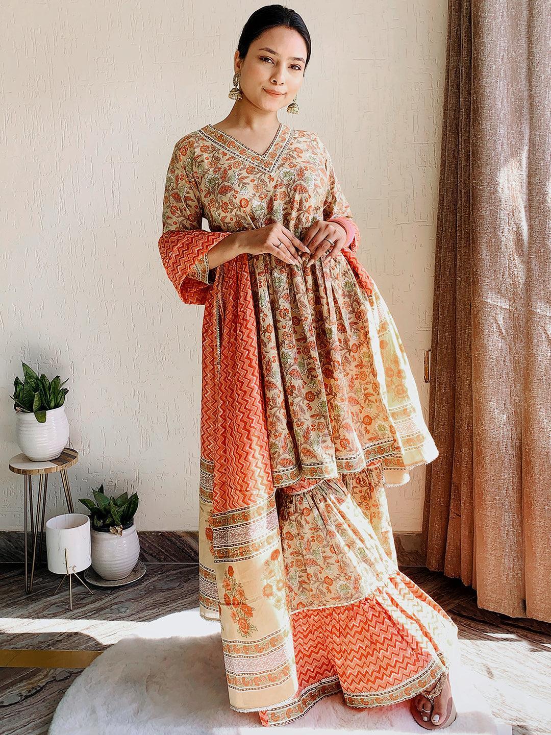 Tan Printed Cotton Anarkali Sharara Suit Set - ShopLibas