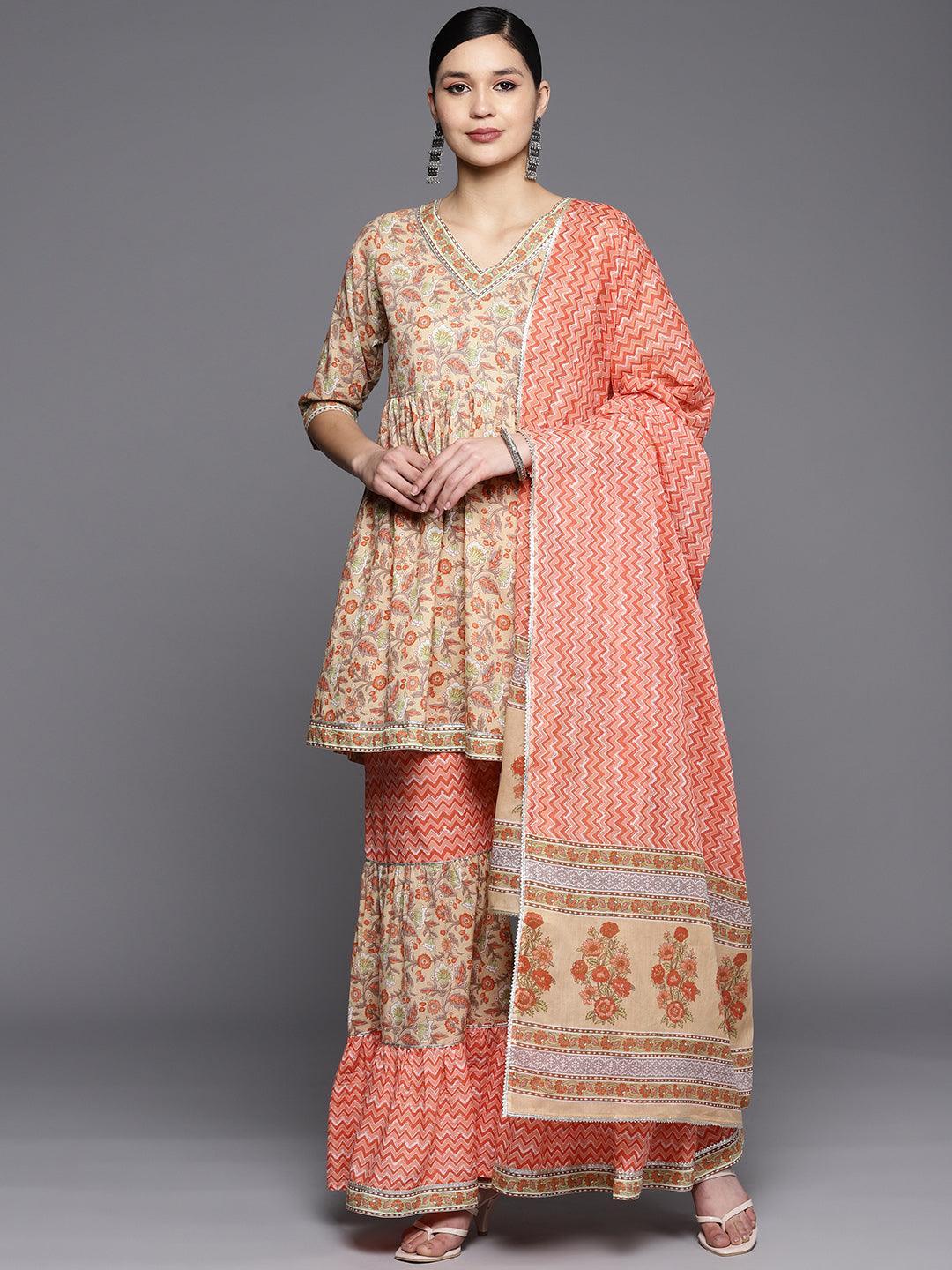 Tan Printed Cotton Anarkali Sharara Suit Set - ShopLibas