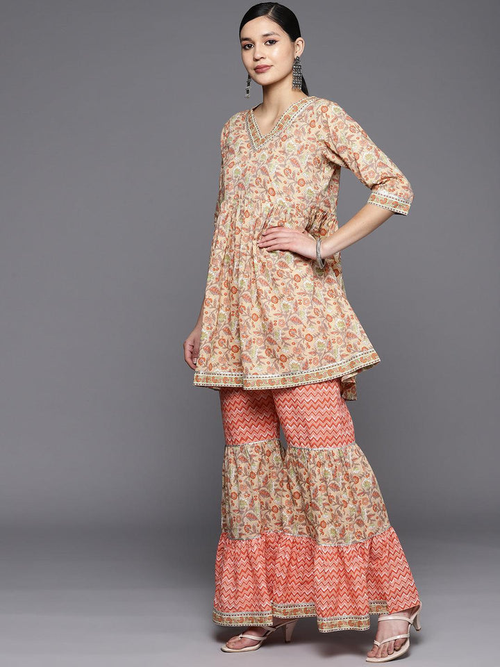 Tan Printed Cotton Anarkali Sharara Suit Set - ShopLibas