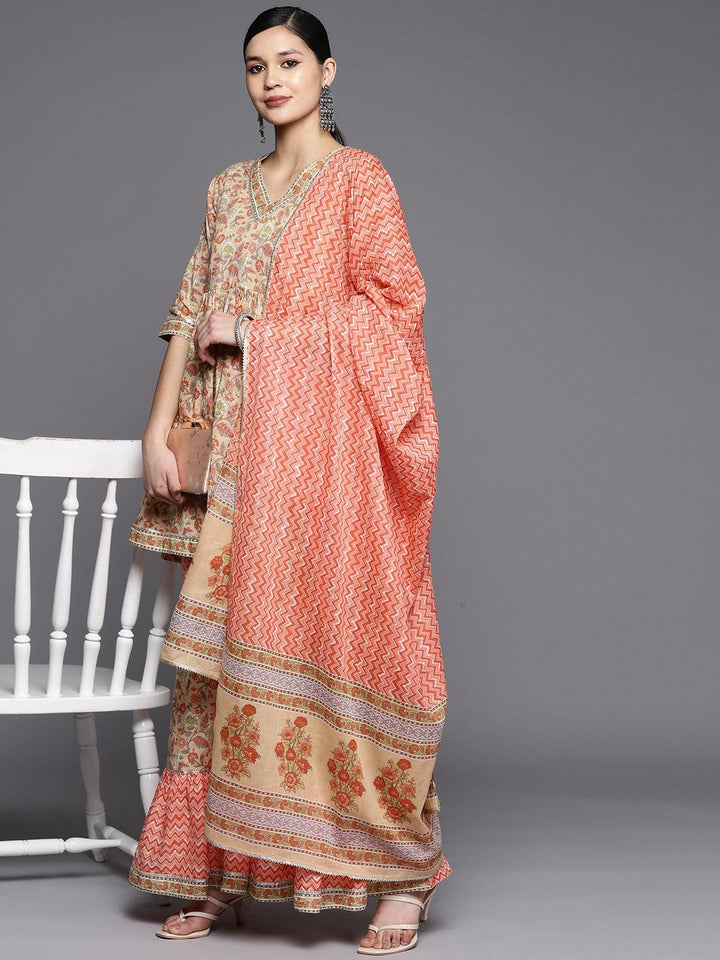 Tan Printed Cotton Anarkali Sharara Suit Set - ShopLibas