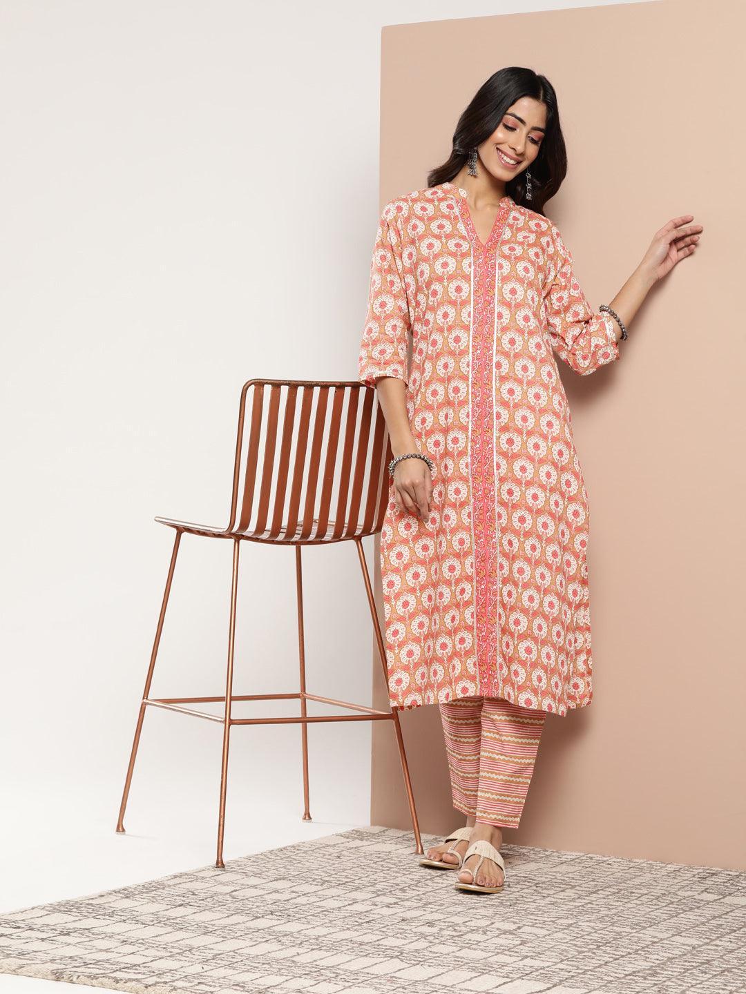 Tan Printed Cotton Straight Kurta