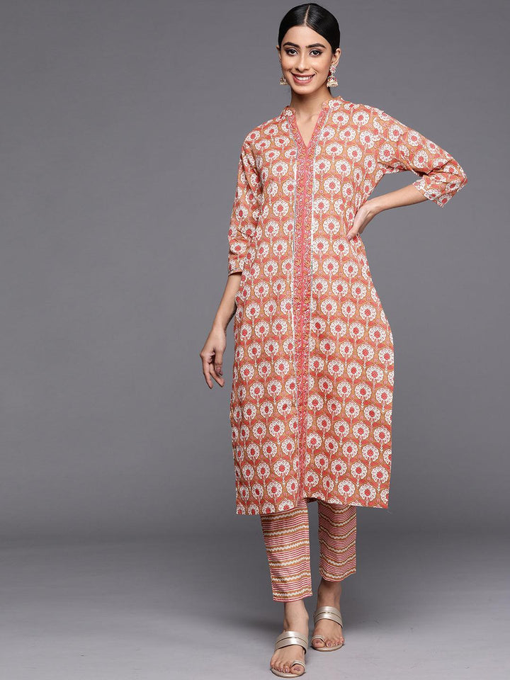 Tan Printed Cotton Straight Kurta Set With Trousers - ShopLibas