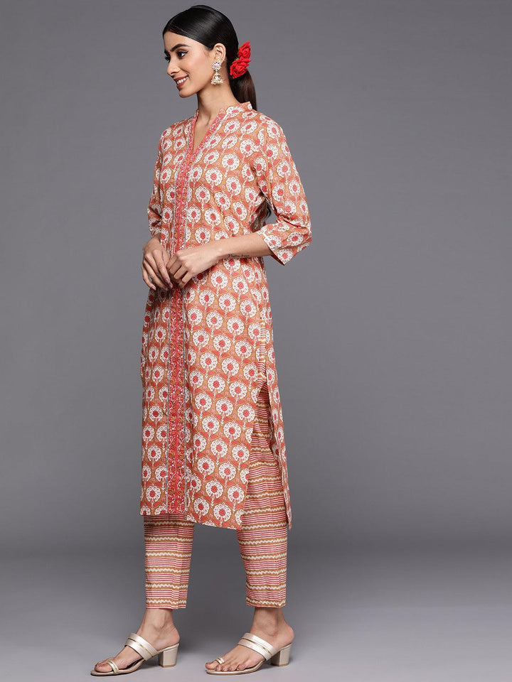 Tan Printed Cotton Straight Kurta Set With Trousers - ShopLibas