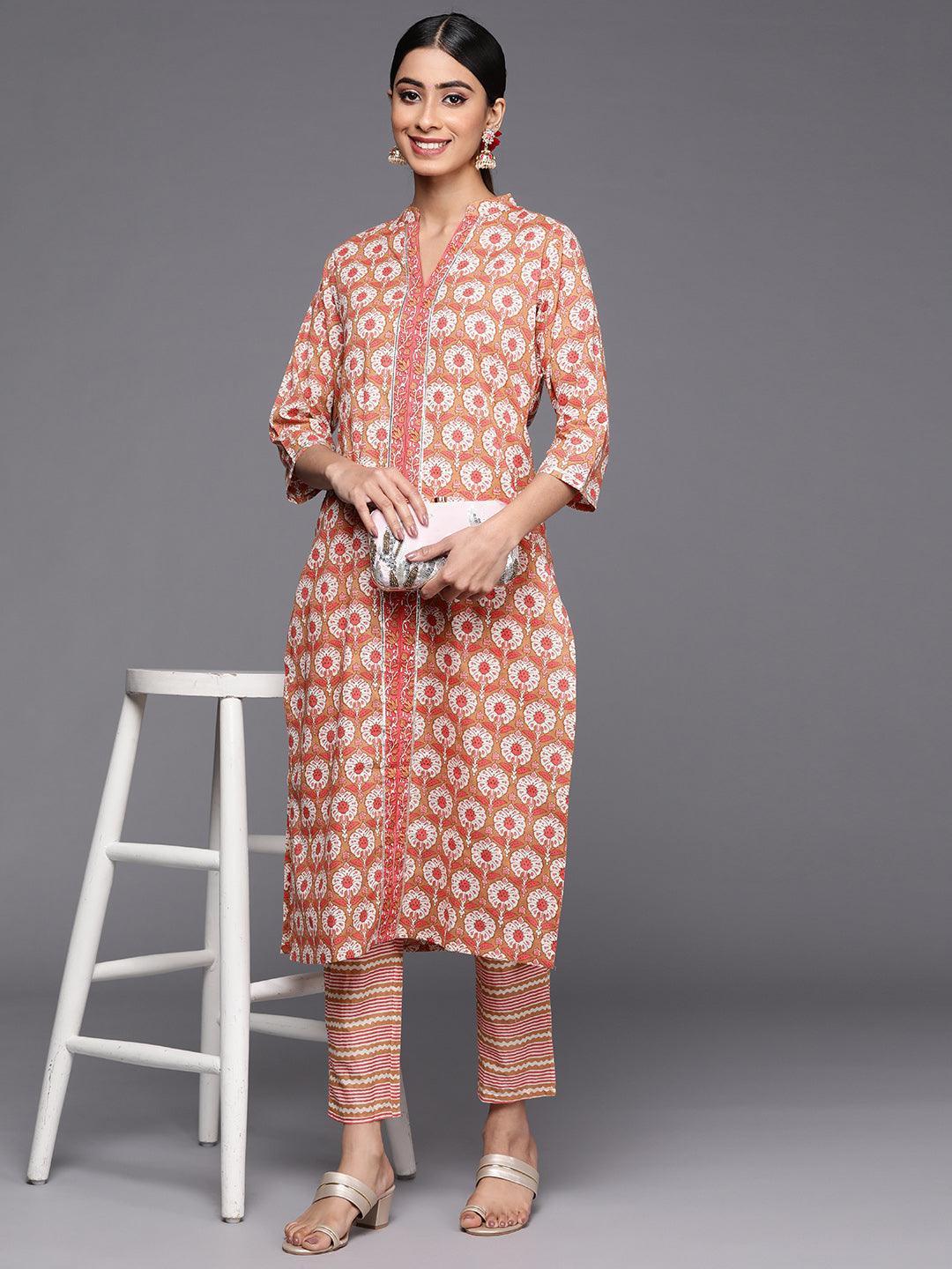 Tan Printed Cotton Straight Kurta Set With Trousers - ShopLibas