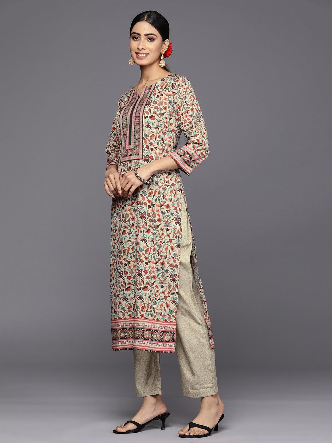 Tan Printed Crepe Straight Suit Set With Trousers