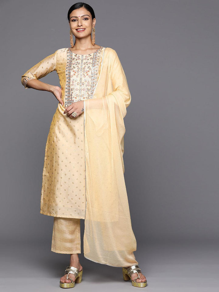 Tan Printed Silk Blend Straight Kurta With Trousers & Dupatta - Libas