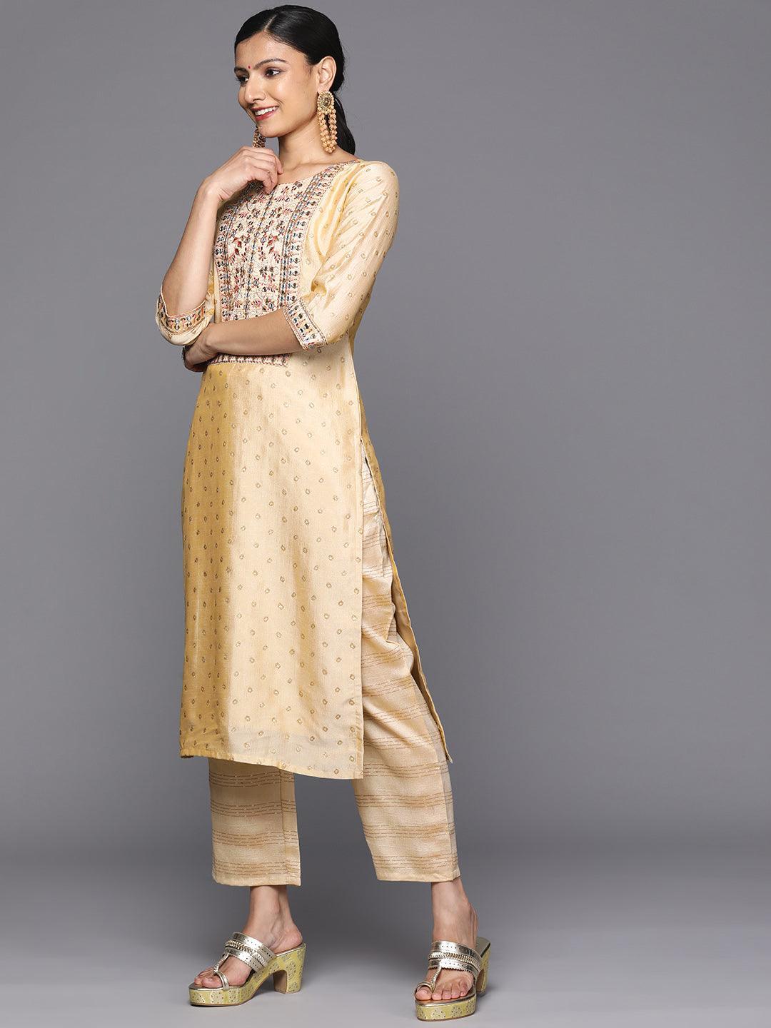 Tan Printed Silk Blend Straight Kurta With Trousers & Dupatta - Libas