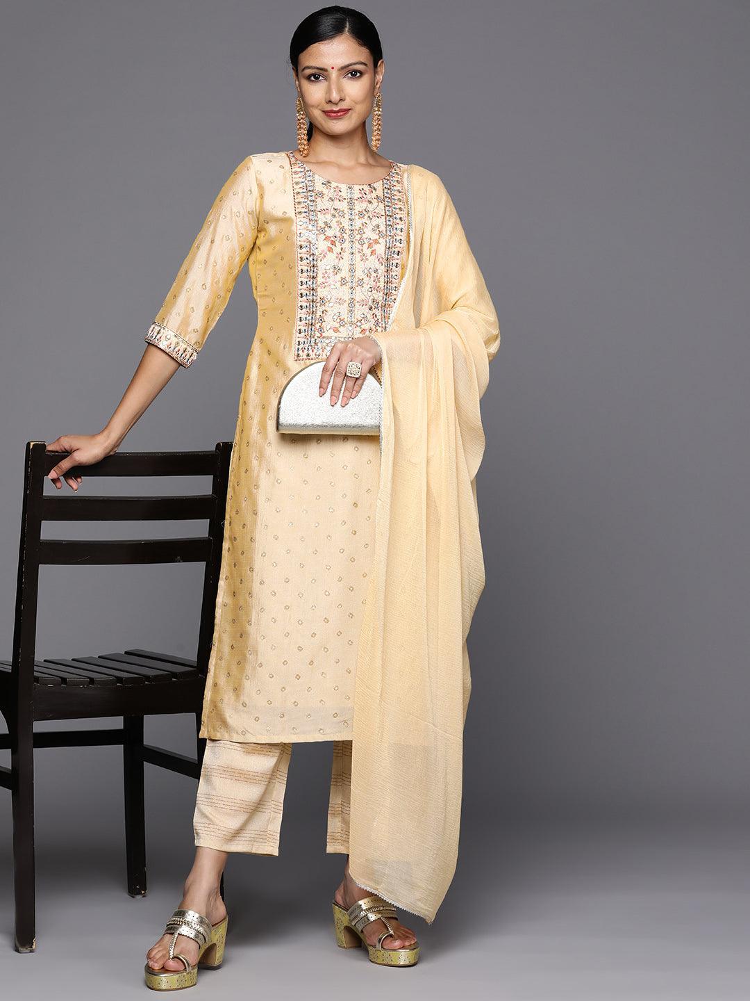 Tan Printed Silk Blend Straight Kurta With Trousers & Dupatta - Libas