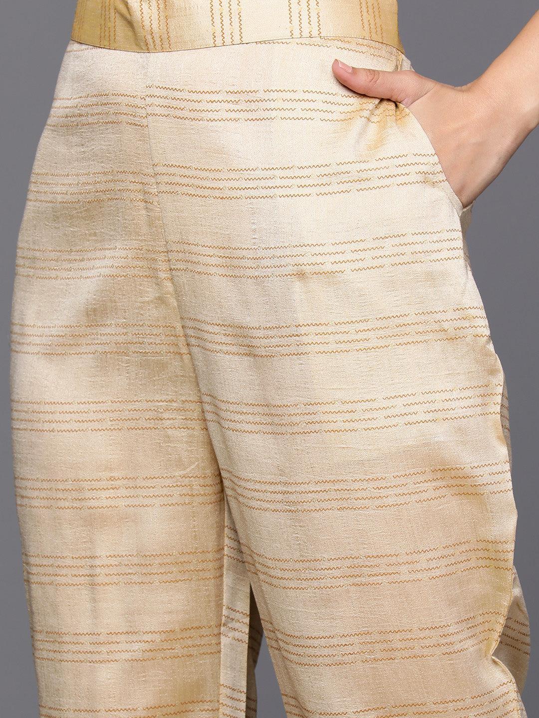 Tan Printed Silk Blend Straight Kurta With Trousers & Dupatta - Libas