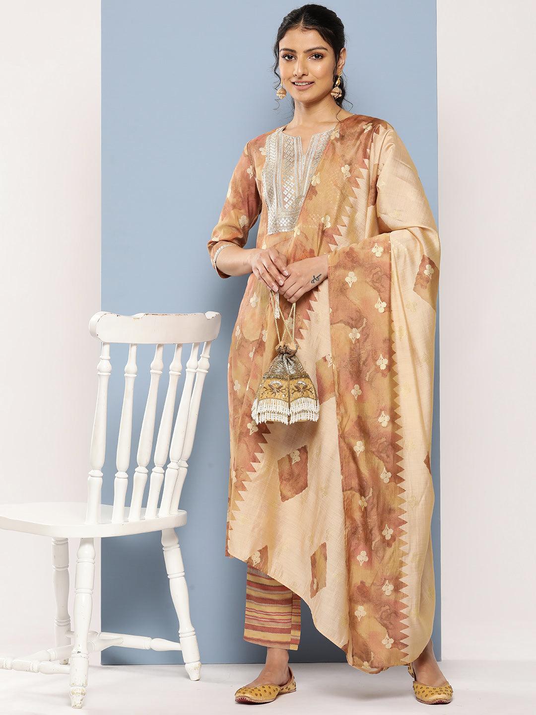 Tan Yoke Design Silk Blend Straight Kurta With Trousers & Dupatta