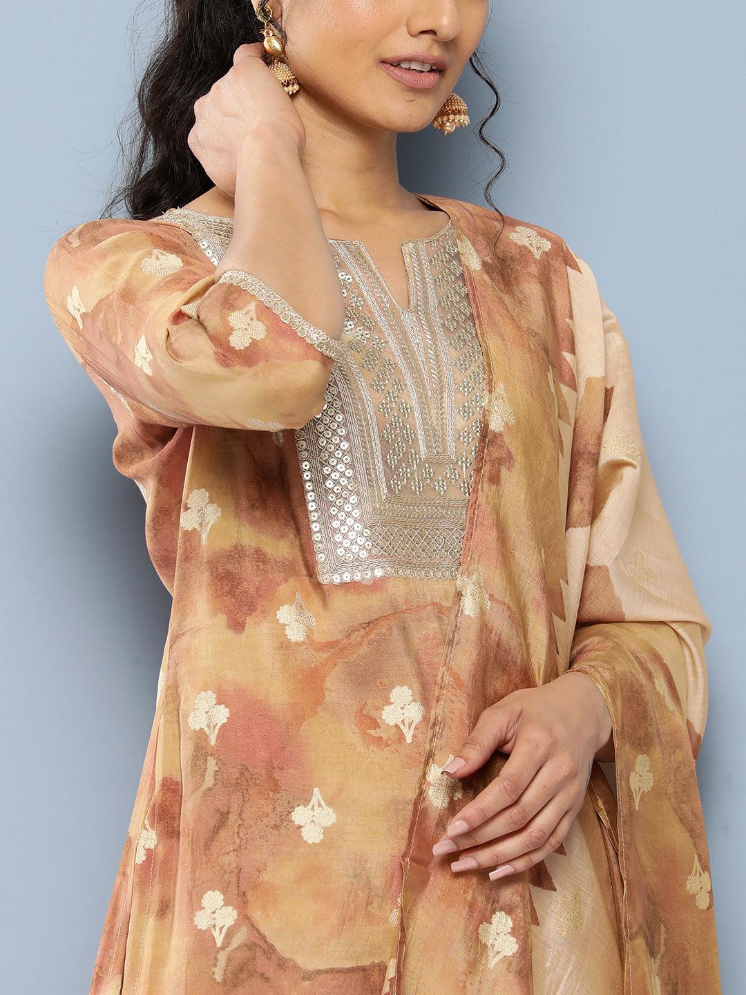 Tan Yoke Design Silk Blend Straight Kurta With Trousers & Dupatta