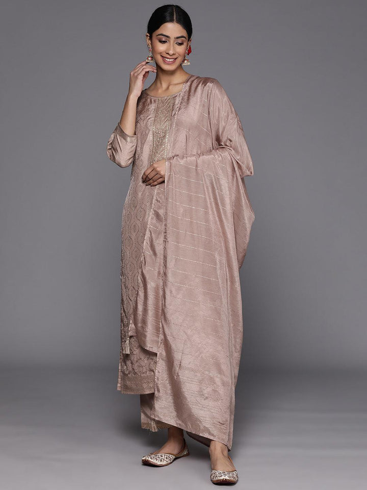 Taupe Embroidered Silk Blend Suit Set With Trousers - ShopLibas