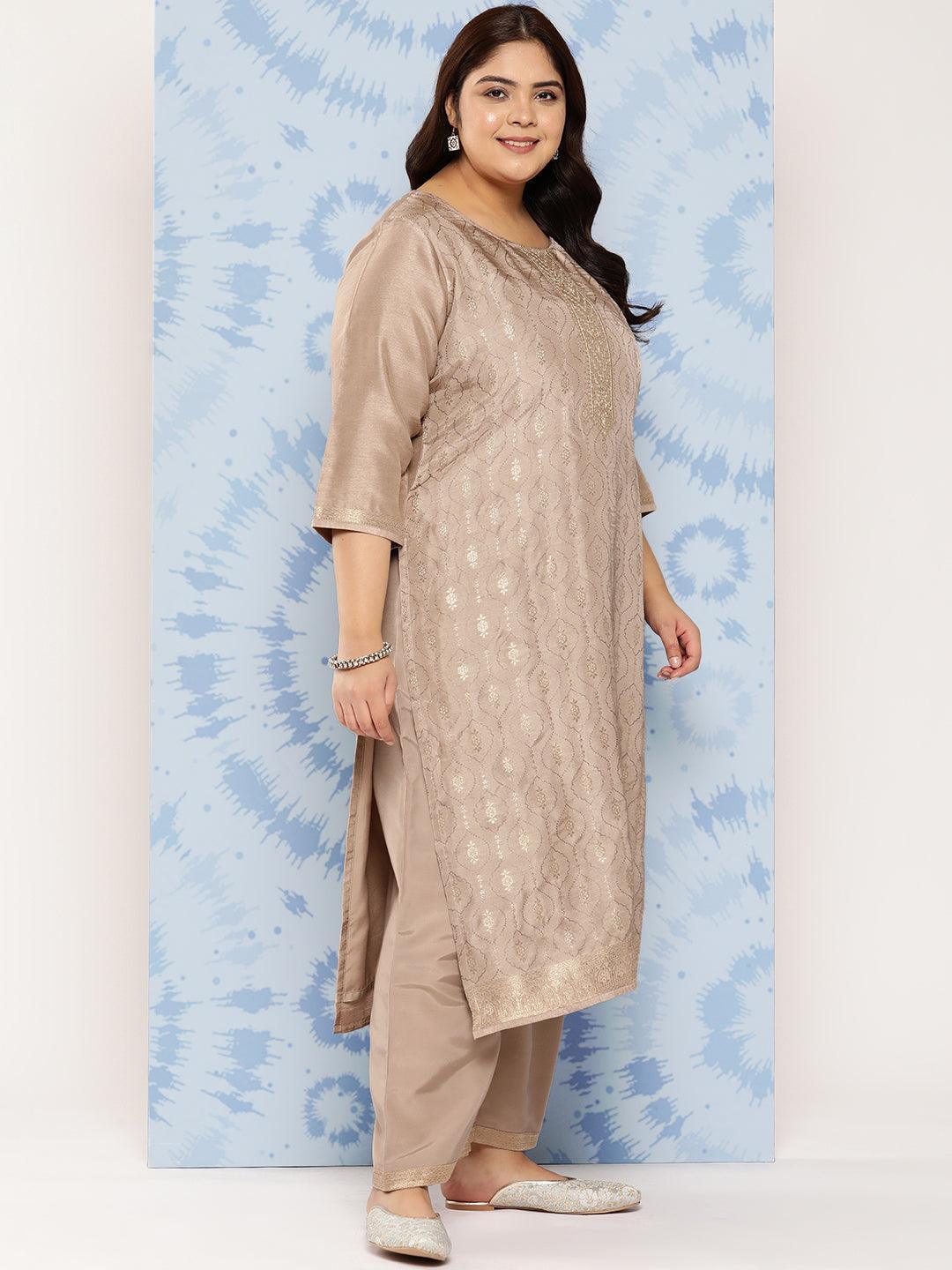 Taupe Embroidered Silk Blend Straight Kurta With Trousers and Dupatta - Libas