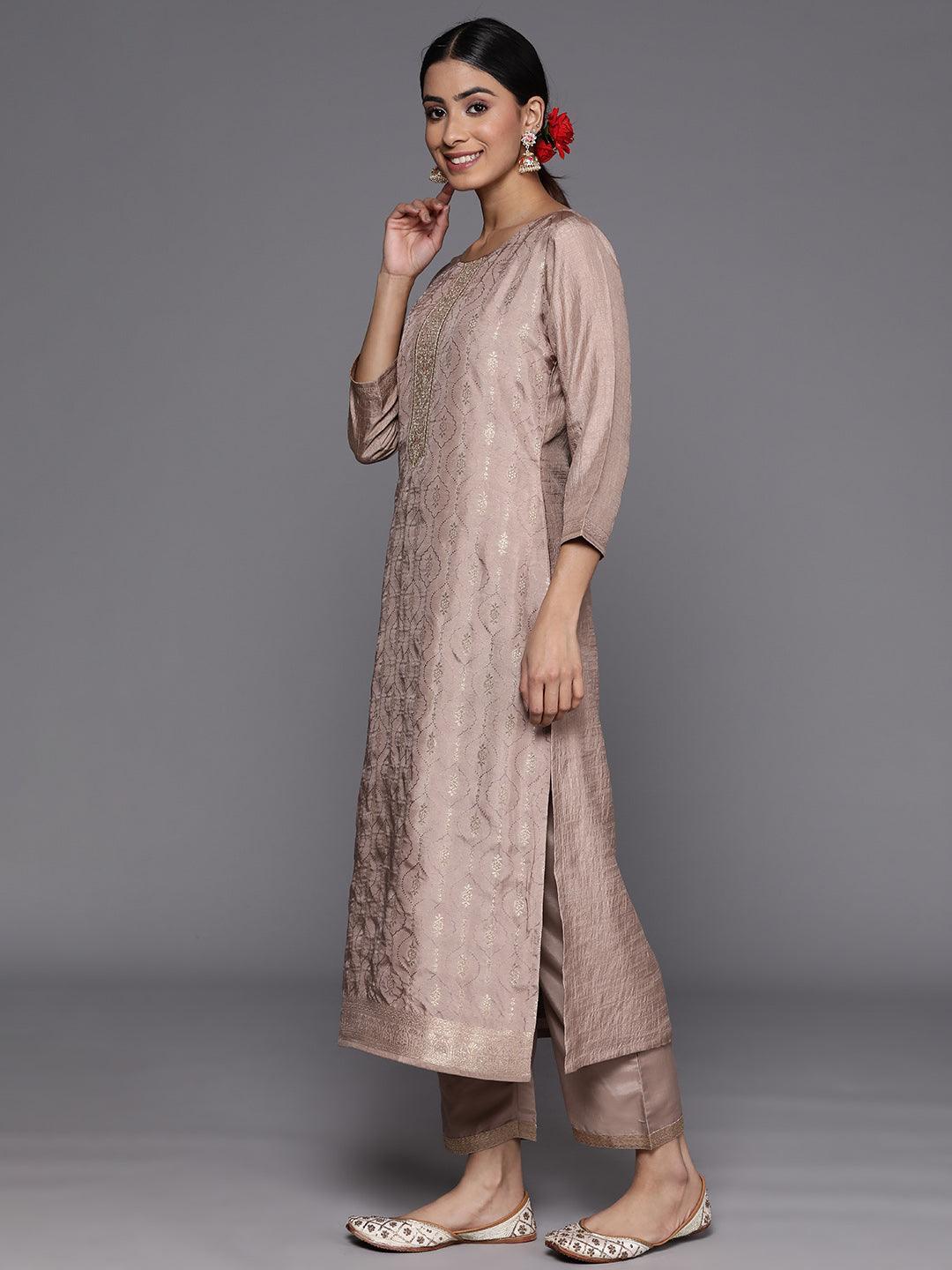 Taupe Embroidered Silk Blend Suit Set With Trousers - ShopLibas