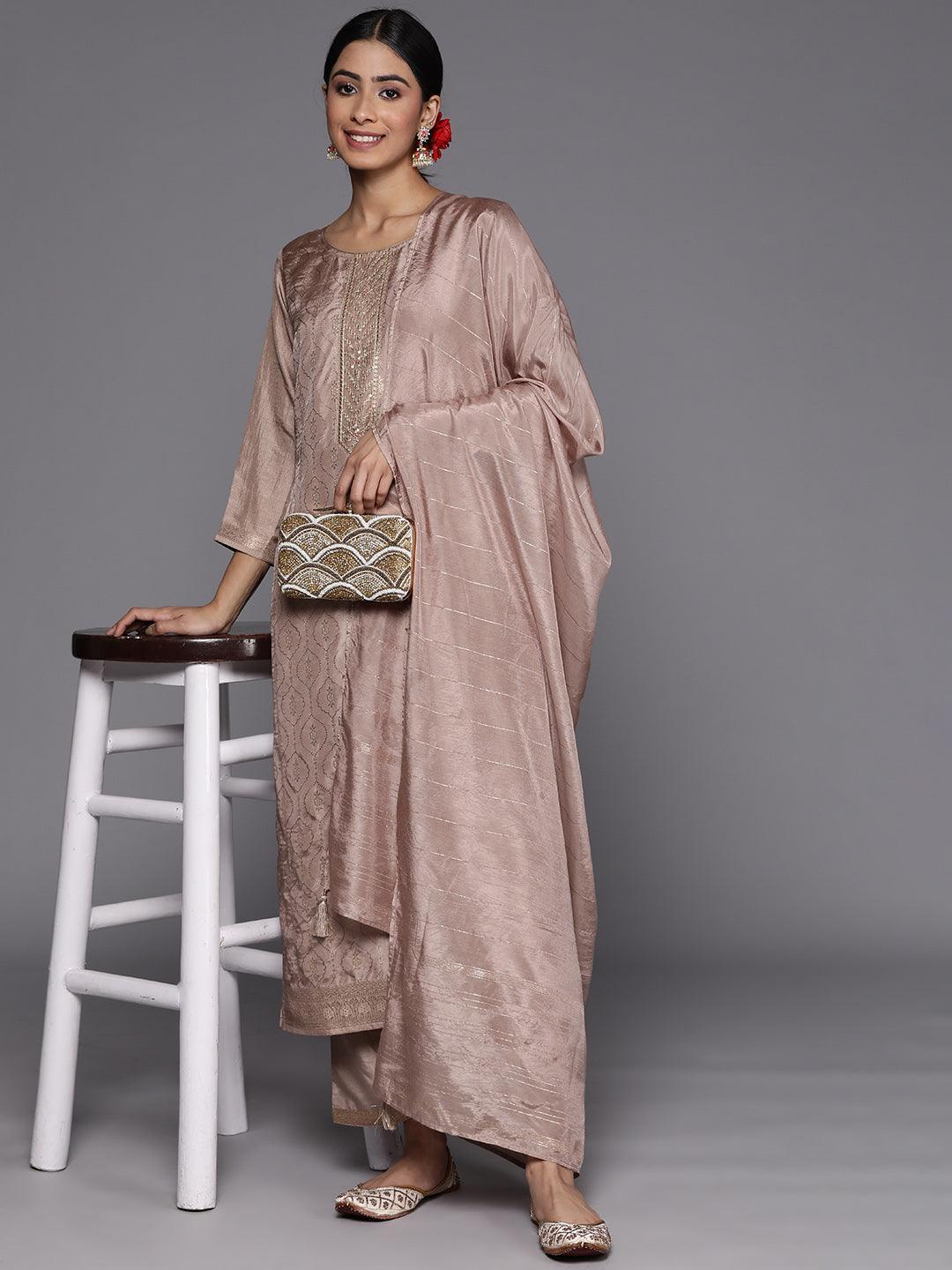 Taupe Embroidered Silk Blend Suit Set With Trousers - ShopLibas