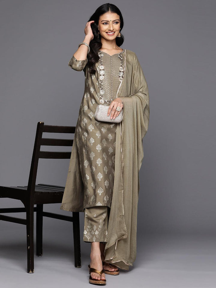 Taupe Printed Silk Blend Straight Kurta With Trousers & Dupatta - Libas