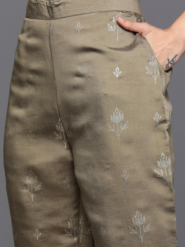 Taupe Printed Silk Blend Straight Kurta With Trousers & Dupatta - Libas