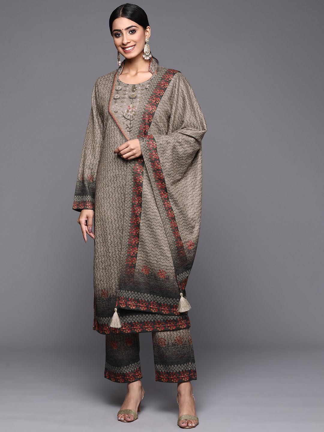 Taupe Printed Wool Straight Kurta With Trousers & Dupatta