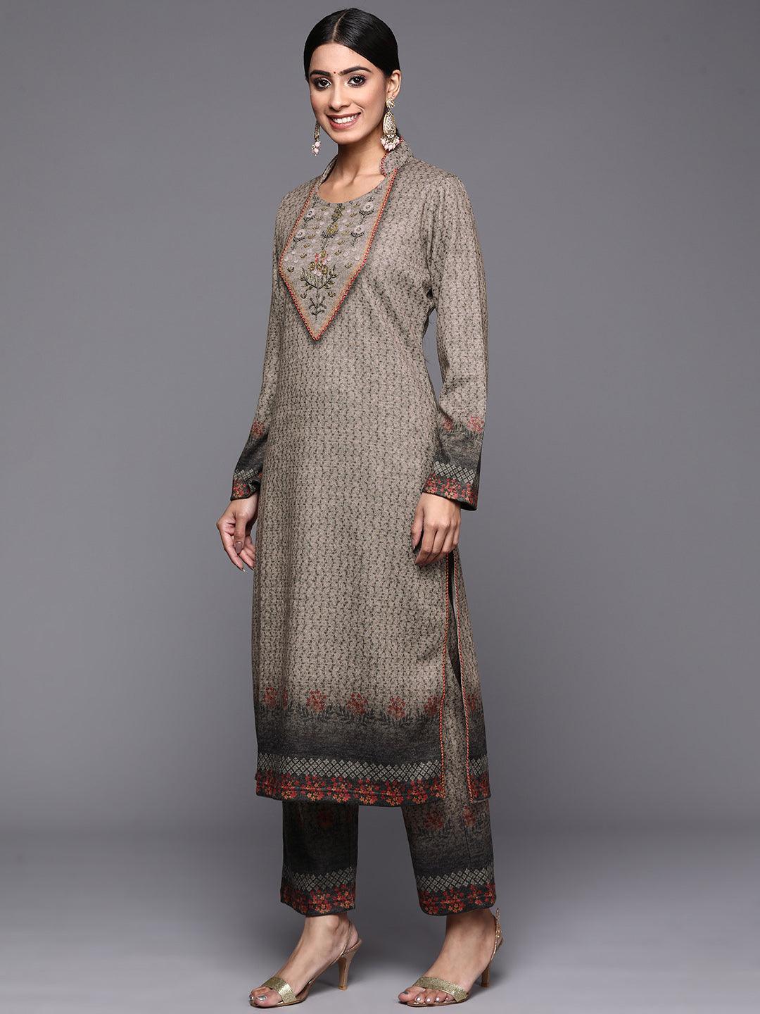 Taupe Printed Wool Straight Kurta With Trousers & Dupatta