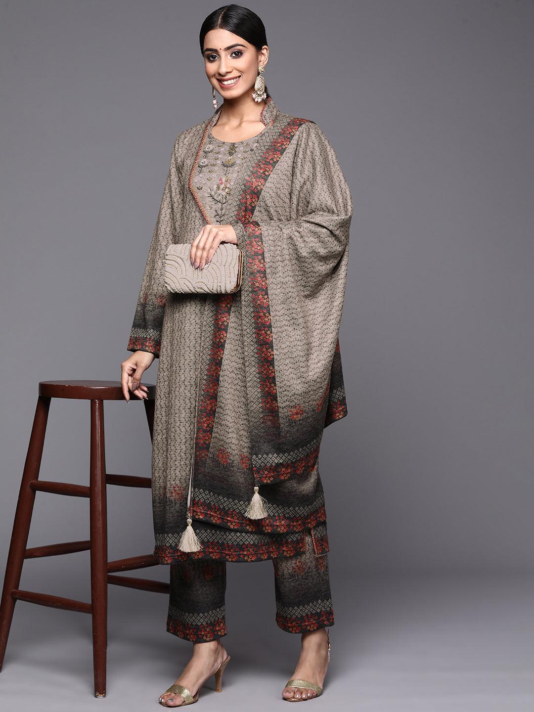 Taupe Printed Wool Straight Kurta With Trousers & Dupatta