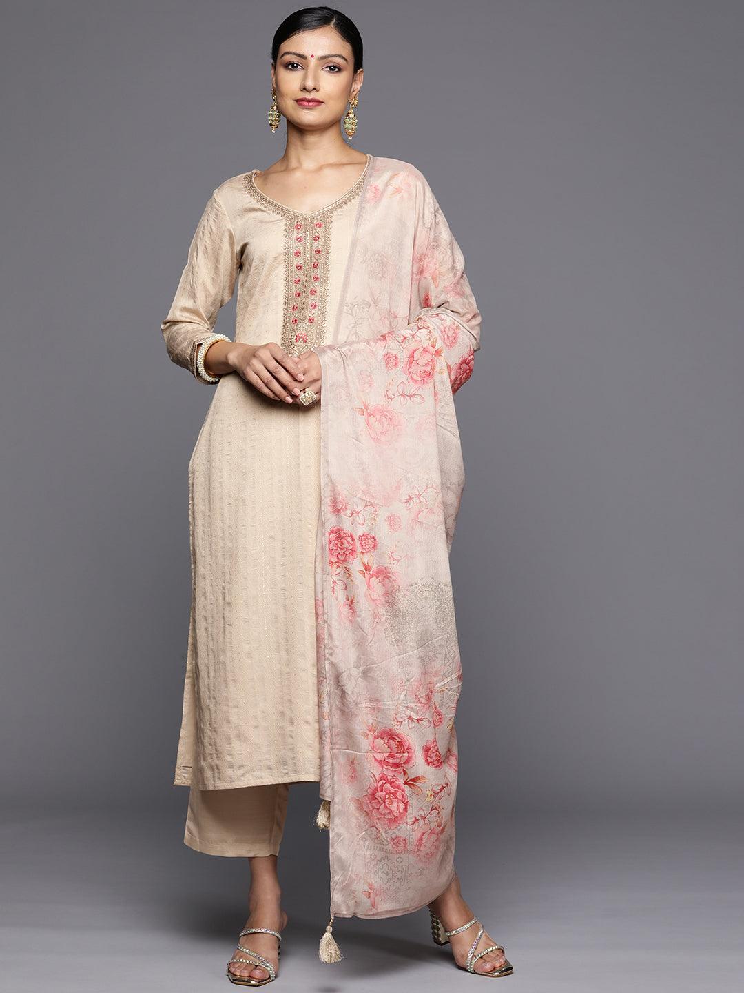 Taupe Self Design Rayon Straight Kurta With Trousers & Dupatta