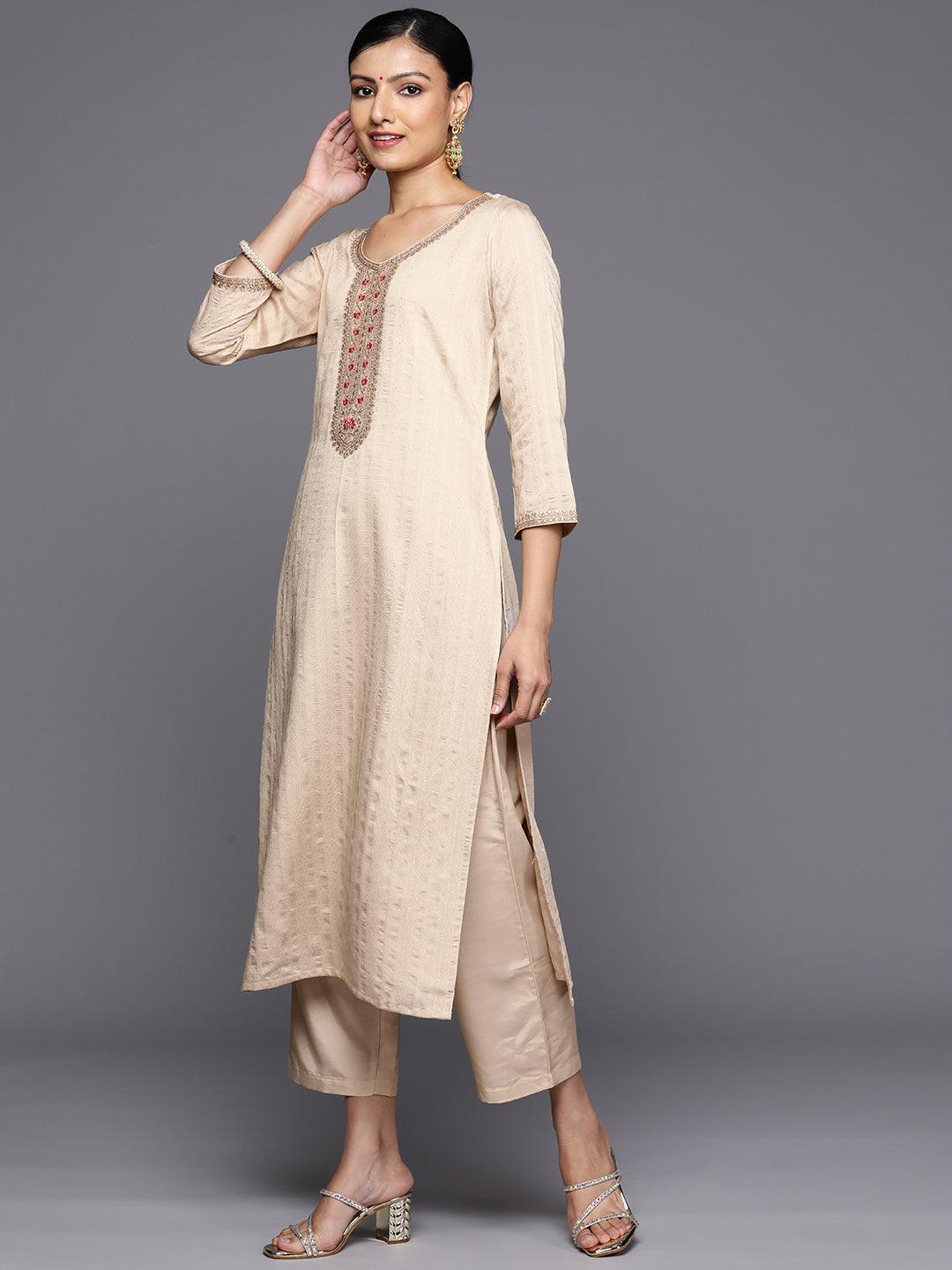 Taupe Self Design Rayon Straight Kurta With Trousers & Dupatta