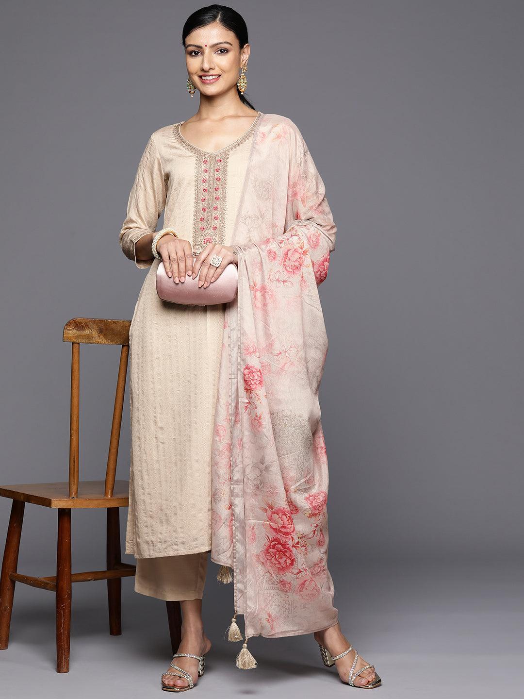 Taupe Self Design Rayon Straight Kurta With Trousers & Dupatta