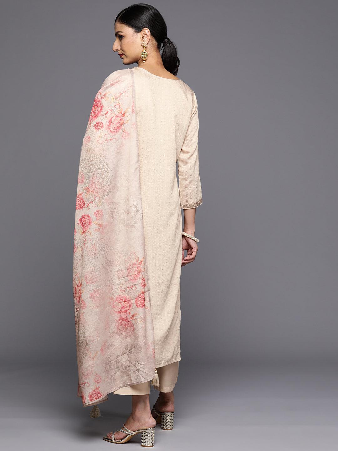 Taupe Self Design Rayon Straight Kurta With Trousers & Dupatta