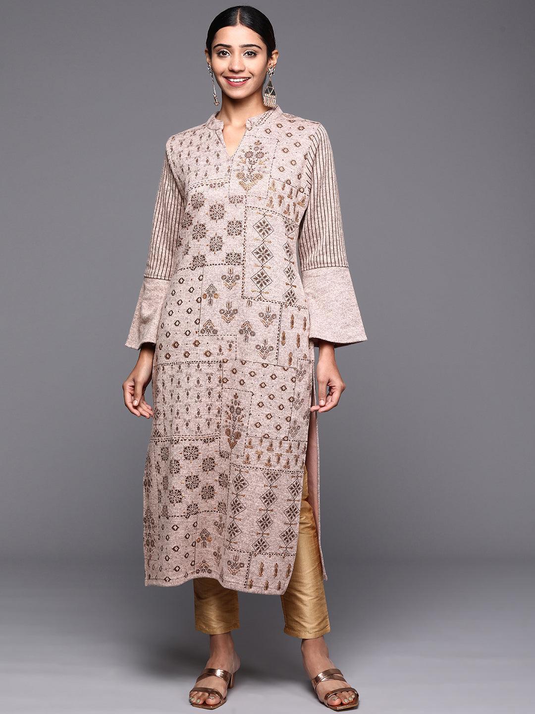 Taupe Woven Design Wool Straight Kurta