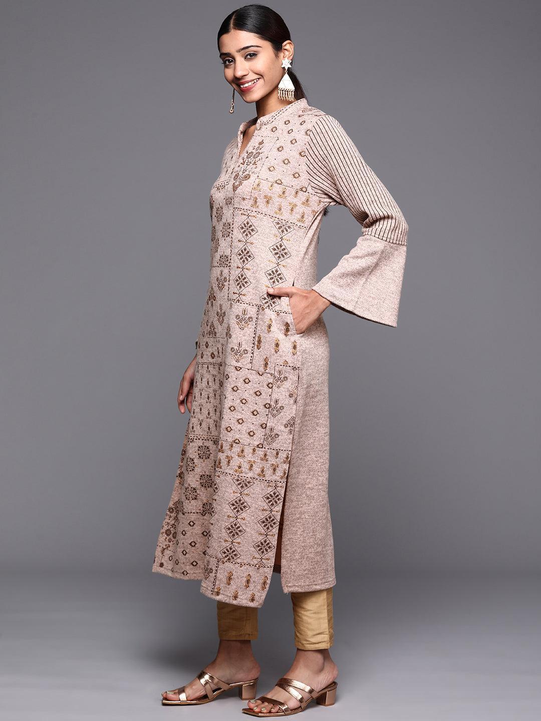 Taupe Woven Design Wool Straight Kurta