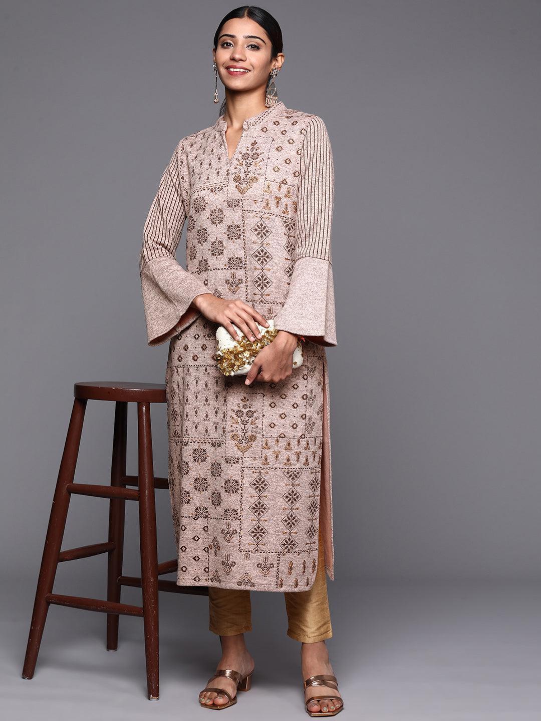 Taupe Woven Design Wool Straight Kurta