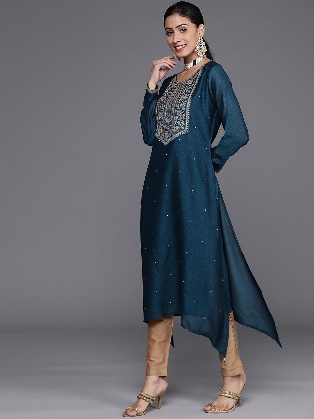 Teal Blue Yoke Design Silk Kurta