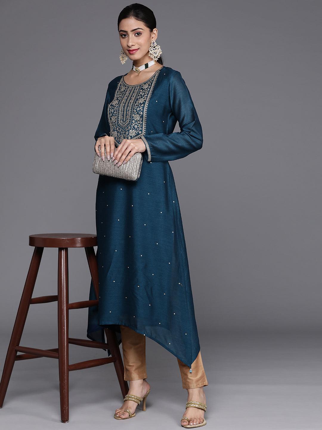 Teal Blue Yoke Design Silk Kurta