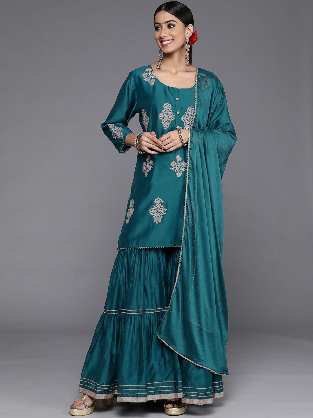 Teal Embroidered Chanderi Silk Straight Suit Set