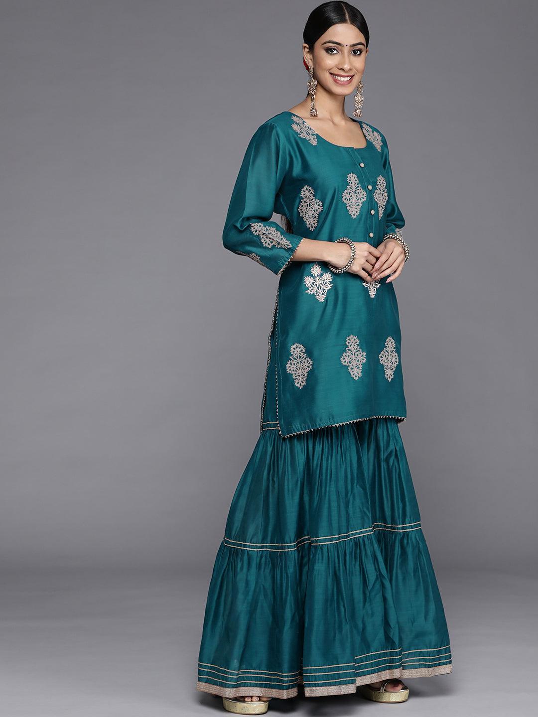 Teal Embroidered Chanderi Silk Straight Suit Set